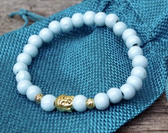 Buddha bracelet with wooden beads - light blue, baby blue, delicate blue & antique gold - simple - yoga jewelry, yoga bracelet, yoga - Shiva