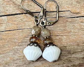 Vintage earrings with Czech glass beads - white, brown, mother-of-pearl & bronze - bridal jewelry, bridal earrings, bridal jewelry, wedding