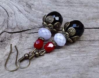 Vintage earrings with Bohemian glass beads - black opaque, lilac, red & bronze