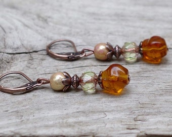 Vintage earrings with Bohemian glass beads - brown, lime green, beige & copper