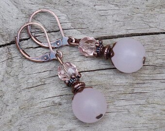 Vintage earrings with Bohemian glass beads - pink matt, transparent & copper