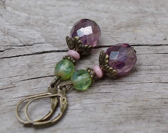 Vintage earrings with glass beads - pearly plum, old pink, lime green & bronze