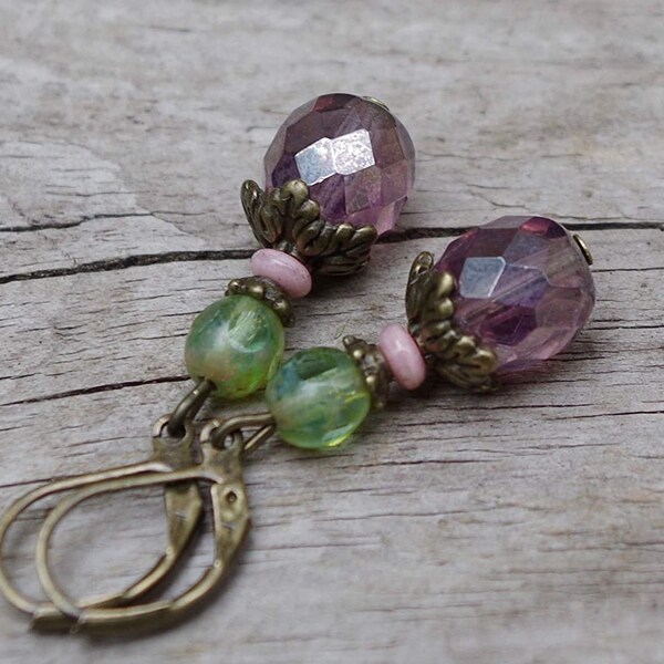 Vintage earrings with glass beads - pearly plum, old pink, lime green & bronze