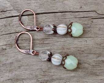 Vintage earrings with Czech glass beads - lemon green opal, white, clear matt & copper