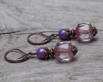 Vintage earrings with Bohemian Cathedral glass beads - lilac & copper