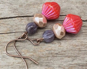 Vintage earrings with Bohemian glass beads - light red, beige, cream, lilac & copper