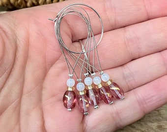 5 small stitch markers with Czech glass beads - stitch counter - pink honey, white, silver - set - knitting, knitting aid stitch marker