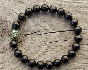 Bracelet avec tourmaline noire & Bouddha - bracelet tourmaline, bracelet Bouddha, bronze, tourmaline noire - bracelet yoga - noir - patine