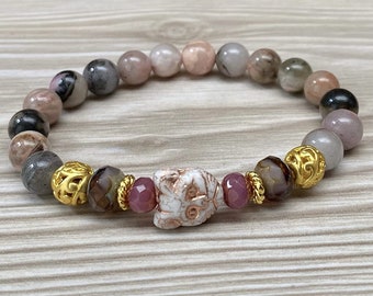 Bracelet with rhodonite, Bohemian glass beads and cat - berry, grey, pink, beige & matt gold - cat bracelet