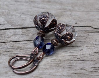 Vintage earrings with Bohemian glass beads - clear, transparent, steel blue & copper