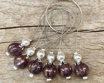 6 Maschenmarkierer mit böhmischen Melonen Glasperlen - Maschenzähler - aubergine lila, weiß, silbern - Set - Stricken, stitch marker