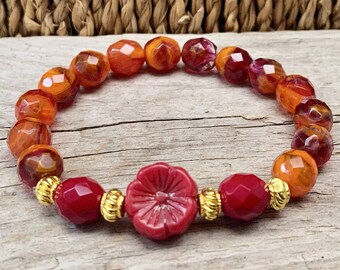 Bracelet with Bohemian glass beads - red, orange, golden - flower, flower, hibiscus