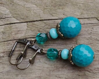 Vintage earrings with turquoise & Bohemian glass beads - turquoise, azure, aqua and bronze