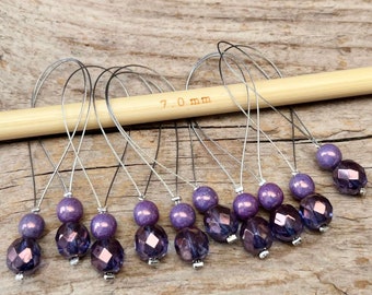 10 petits marqueurs de mailles avec perles de verre de bohème - compteur de points marqueurs - lilas aubergine lilas argent - set - tricot, aide au tricot