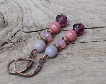 Vintage earrings with Bohemian glass beads - aubergine, pink opaque, opal, lilac, violet & copper