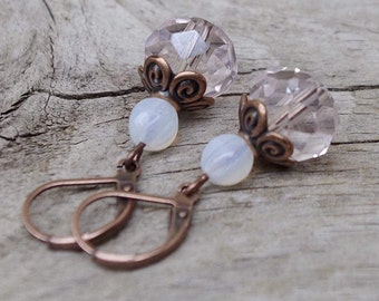 Vintage earrings with glass beads - pink, white opal & copper