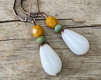 Vintage drop earrings with Bohemian grooved glass beads - white opaque, ochre, turquoise-green-picasso & copper - grooved