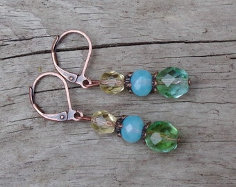 Vintage earrings with Bohemian glass beads - green, aqua turquoise light blue lemon chiffon & copper