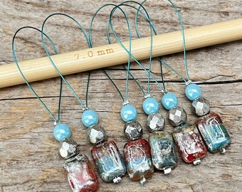 6 Maschenmarkierer mit böhmischen Glasperlen - Maschenzähler - hellblau aqua rostrot silber - Set - Stricken, stitch marker