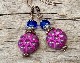 Bright vintage earrings with Bohemian FLOWERS glass beads - aubergine, pink, blue flowers, flowers