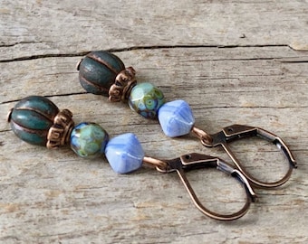 Vintage earrings with Bohemian melons glass beads - fir green, sage green, steel blue & copper