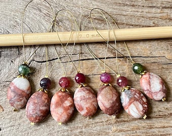 7 stitch markers with Poppy Jasper and Agate - stitch counter - autumn gold - set - knitting, knitting aid stitch marker, jasper