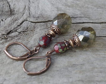 Vintage earrings with Bohemian glass beads - mud luster, olive, burgundy travertine & copper