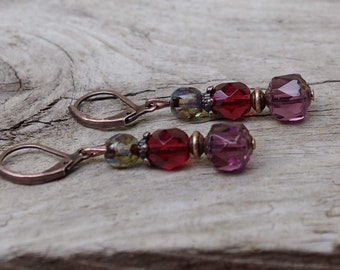 Vintage earrings with Bohemian Cathedral glass beads - aubergine, fuchsia, light sapphire travertine & copper