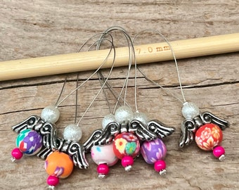 6 ENGEL Maschenmarkierer mit kunterbunten Fimo-Perlen - Maschenzähler - bunt silbern - Set - Stricken, Strickhilfe stitch marker Blumen