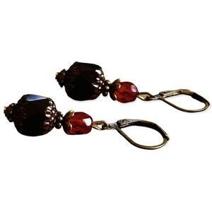 Vintage earrings with Bohemian glass beads black, opaque, red, dark red & bronze image 5