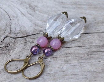 Vintage earrings with Bohemian square olives glass beads - clear, pink-opal, aubergine-blue & bronze