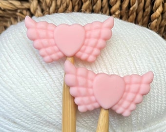 2 stitch stoppers, needle caps - WING HEART made of silicone pink knitting needle stoppers, stoppers, knitting needle stoppers, knitting needles, silicone beads