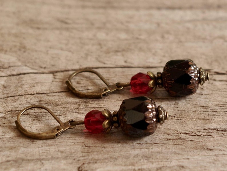 Vintage earrings with Bohemian glass beads black, opaque, red, dark red & bronze image 2