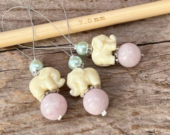 3 elephant stitch markers, stitch counters, stitch markers - with rose quartz - pink, cream, mint, silver - elephant