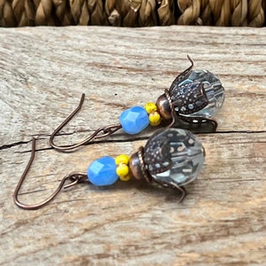 Vintage earrings with Bohemian glass beads clear, yellow, light blue opal & copper earrings vintage earrings unique piece image 5