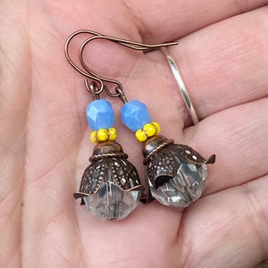 Vintage earrings with Bohemian glass beads clear, yellow, light blue opal & copper earrings vintage earrings unique piece image 1