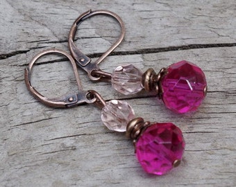 Vintage earrings with Czech glass beads - pink, pink, peach & copper