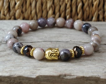 Bracelet with rhodonite, Bohemian glass beads & Buddha - grey, brown, beige, black, antique gold/Buddha bracelet, yoga yoga bracelet, SHIVA