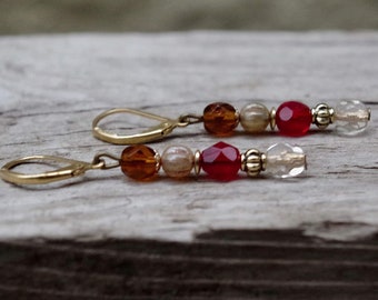 Vintage earrings with Bohemian glass beads - pink, white, dark blue & brass