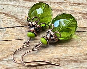 Vintage earrings with Czech glass beads - green, olive & copper