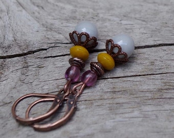 Mini Vintage Earrings with Bohemian Glass Beads - light grey opaque, ochre mustard, aubergine, purple & copper