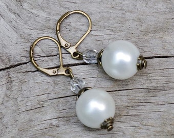 Vintage Style Pearl Earrings - White - Matte - Bronze - Bridal Earrings - Pearl Earrings