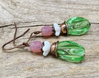 Vintage earrings with Bohemian olives glass beads - green, white, pink opal & copper