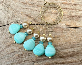 5 Maschenmarkierer mit böhmischen Glasperlen - Marker Maschenzähler - aqua creme, gold- Set - Stricken, Strickhilfe Maschenzähler SET