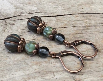 Vintage earrings with Bohemian melons glass beads - fir green, sage green, steel blue & copper