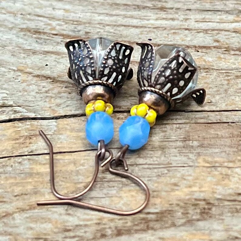 Vintage earrings with Bohemian glass beads clear, yellow, light blue opal & copper earrings vintage earrings unique piece image 2