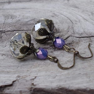 Vintage earrings with Bohemian glass beads lemon chiffon beige, lavender, purple & bronze image 1