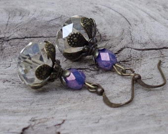 Vintage earrings with Bohemian glass beads - lemon chiffon beige, lavender, purple & bronze