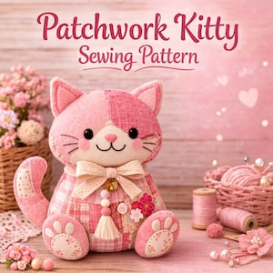 May include: A pink patchwork kitty sewing pattern. The plush cat has a two-tone pink head, a cream-colored bow, and floral accents. The text "Patchwork Kitty Sewing Pattern" is at the top of the image.