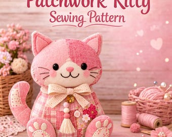 Patchwork Cat Sewing Pattern PDF, Kawaii Kitty Stuffed Animal Tutorial (Digital Download)